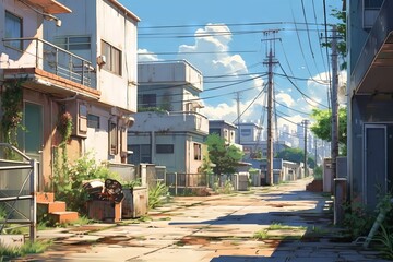 Fototapeta na wymiar Empty streets and buildings, daytime scene in anime drawing, aesthetic and calm