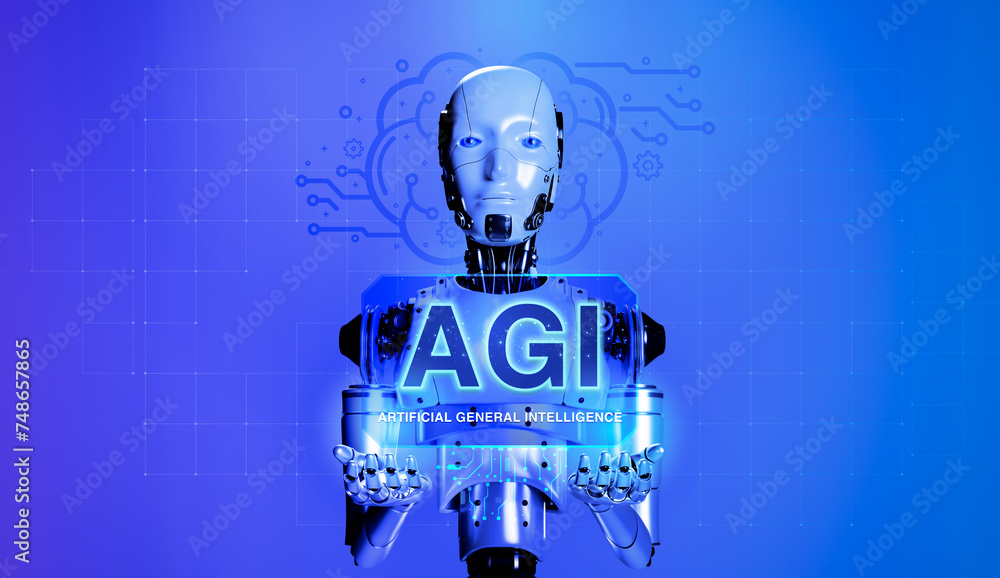 Poster artificial general intelligence (agi) concept. 3d human robot showing virtual hologram of text 