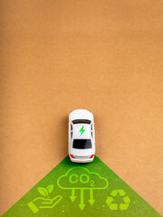 EV car, Electric energy battery charge vehicle with sustainable development concept. Top view white...