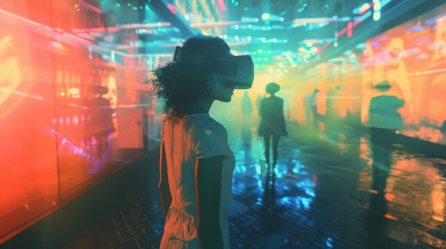 A woman stands gracefully in front of a glowing projection screen, immersed in a world of digital wonder and imagination.