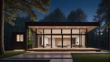 Fototapeta premium modern house lighting in the night generative ai