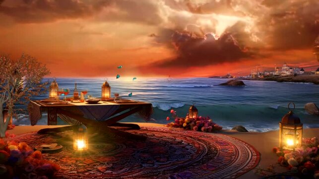 a vibrant and festive wallpaper illustrating a beachside suhoor picnic, lanterns, and a view of the sunrise over the ocean. seamless looping time-lapse virtual 4k video animation background