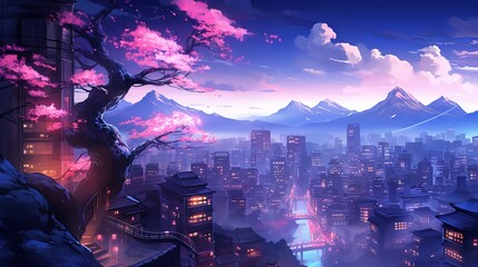 Night view of a fantasy Japanese cityscape with neon lights, skyscrapers, and cherry blossom trees - obrazy, fototapety, plakaty