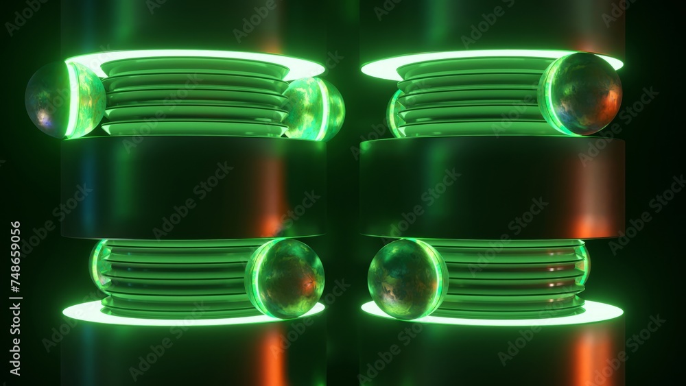 Poster glowing neon structures with reflective orbs in a dark, enigmatic 3d animation setting.