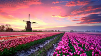 Foto op Canvas Traditional Dutch windmill with vibrant tulip fields under a colorful sunset sky. © ardanz