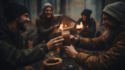 Happy Laughing Friends chat, Drink hot tea, Coffee at a camping near a tent in the forest in the...