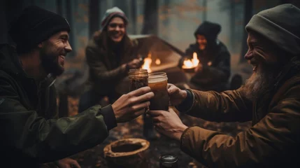 Foto auf Acrylglas Happy Laughing Friends chat, Drink hot tea, Coffee at a camping near a tent in the forest in the evening. Nature, Travel, Vacations, Hiking, Picnic, Lifestyle, Summer concepts. © liliyabatyrova