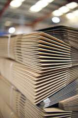 A pile of freshly made unprepared brown card board boxes fresh from manufacture. Cardboard box storage and transport solution in a cardboard box factory warehouse distribution