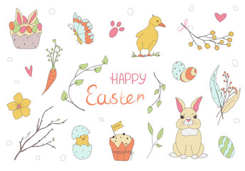 Big set of Easter theme illustration. Bunny, eggs, flowers and more. Elements are hand drawn. Flat style, sketch, doodle