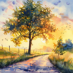Naklejka na ściany i meble Beautiful tree in sunset near the road watercolor pain