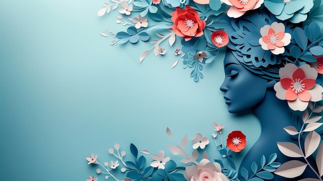 Paper cut illustration of a face and flowers with copy space for women day in a blue backdrop and top view with a big space for text or product, Generative AI.