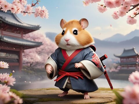 Hamster wearing samurai costume in sakura background