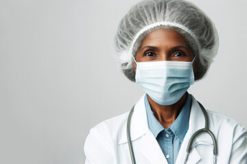 An elderly black female doctor wearing a protective mask and cap isolated on white background. ai generative