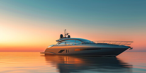 Luxury minimalist motor yacht in ocean at sunset. Sleek silhouette of vessel in quiet luxury style cuts through golden hues of evening sky - obrazy, fototapety, plakaty