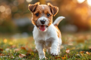Playful Jack Russell puppy running on the grass in the park close-up