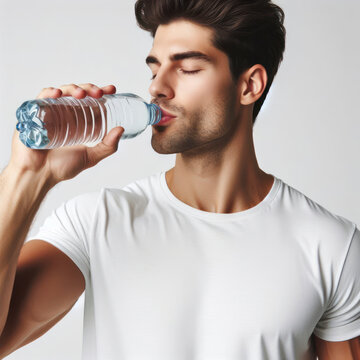 Man drink water isolated on solid white background copy space. ai generative