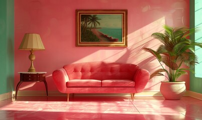 Elegant Pink Living Room Interior with Red Couch and Palm Trees Painting on Wall