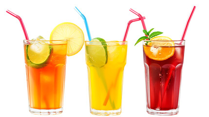 Three glasses of summer lemonade drink with straws isolated on transparent background - obrazy, fototapety, plakaty