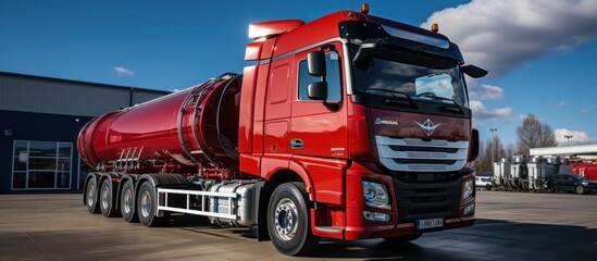 portrait of a gas tanker truck delivering fuel at a filling station, with a clear sky in the background