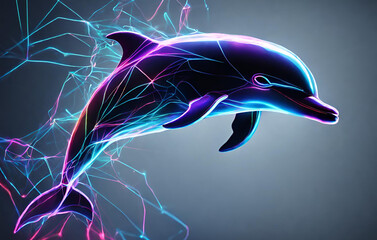 A neon dolphin jumping out of the water, Artwork of a dolphin created with Generative AI technology with eye catching colors