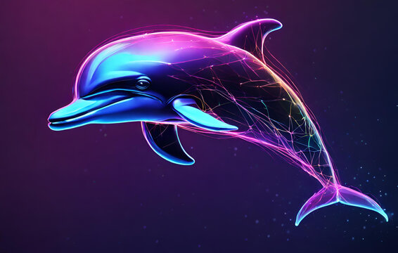 A neon dolphin jumping out of the water, Artwork of a dolphin created with Generative AI technology with eye catching colors