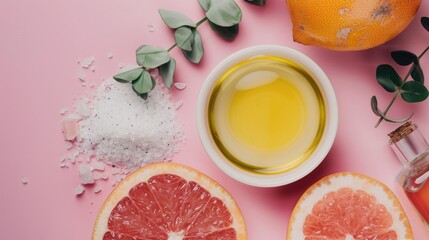 Flat lay of spa essentials with citrus fruits, sea salt, and oil on a pink background.