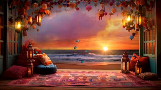 a vibrant and festive wallpaper illustrating a beachside suhoor picnic, lanterns, and a view of the sunrise over the ocean. seamless looping time-lapse virtual 4k video animation background