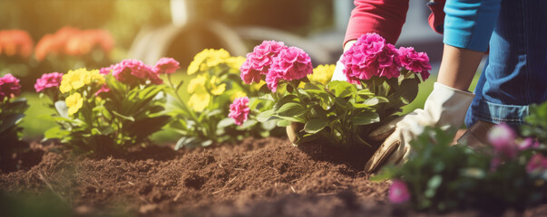 Gardener hands planting flowers detail. - obrazy, fototapety, plakaty