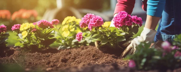 Foto op Aluminium Gardener hands planting flowers detail. © amazingfotommm