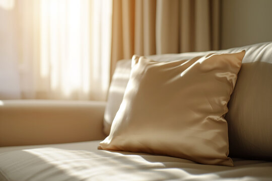 Luxurious silky pillow on minimalist sofa in quiet luxury living room. Tactile experience complementing tranquil atmosphere of premise