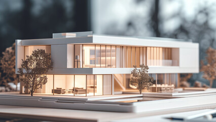 Miniature residential building model in minimalist style on designer table. Project of luxury suburban apartment in bureau. Doll house