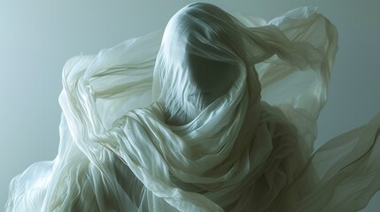 An ethereal portrayal of a resting figure enveloped in gossamer fabrics, evoking a sense of peace and introspection. Suitable for psychological and artistic themes, ideal for visual storytelling - obrazy, fototapety, plakaty