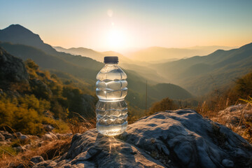 Drink water in water plastic bottle in mountains. Fresh water in plastic bottle in mountains. Mineral water in plastic bottle. Bottled Mineral. - obrazy, fototapety, plakaty