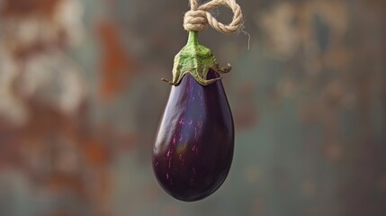 A single eggplant with its deep purple skin bound by beige twine, suspended against a soft, blurred backdrop, presents simplicity and natural beauty. Apt for culinary arts - obrazy, fototapety, plakaty