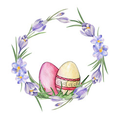 Hand drawn watercolor isolated illustration with spring flowers and painted Easter eggs.