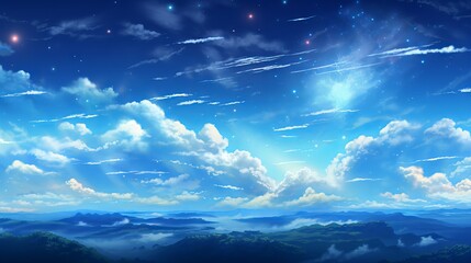 Fototapeta na wymiar Heavenly star falls: a captivating anime sky wallpaper with glowing stars and planets in a digital art style