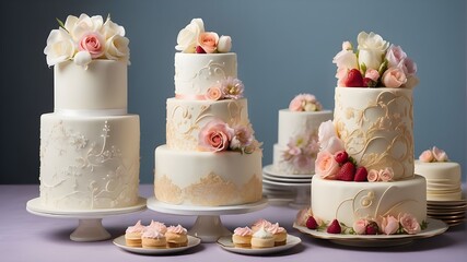Obraz na płótnie Canvas From towering wedding cakes to delicate petit fours, cakes are a versatile and visually stunning addition to any celebration, representing the sweet moments in life.