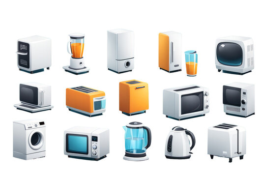 Set of home appliances on isolated on transparent png background. Generative ai	
