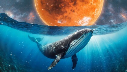 Whale in blue deep of ocean at space background with orange planet and milky way - obrazy, fototapety, plakaty