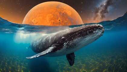 Whale in ocean at space background with orange planet and milky way