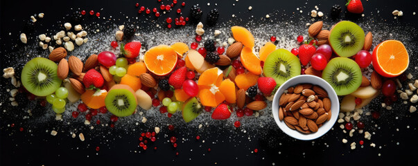 Mix of resh fruits and nuts on white background. Healthy and fitness breakfast concept