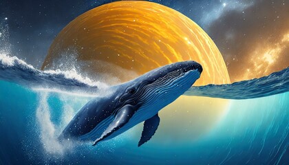 Whale breaching from blue deep ocean at space background with yellow planet and milky way