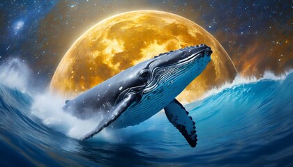 Whale breaching from blue deep ocean at space background with big sun and milky way