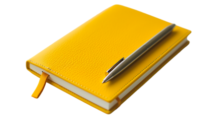 Yellow notebook and pen on transparent background