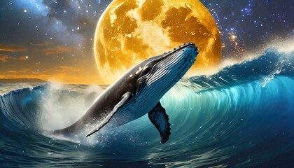 Whale breaching from blue deep ocean at space background with sun and milky way