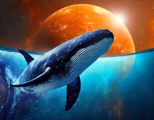 Flying Whale at space background with orange planet and milky way