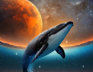 Flying Whale at space background with orange planet and milky way