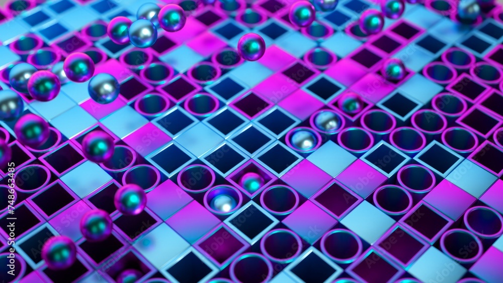 Poster gleaming spheres float above a neon grid, a futuristic 3d tableau of motion and color.
