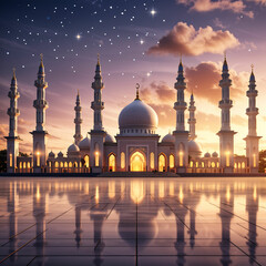 Naklejka premium Ramadan background with mosque illuminated