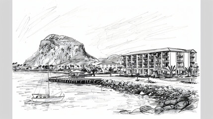 Building view with landmark of Morro Bay is a coastal